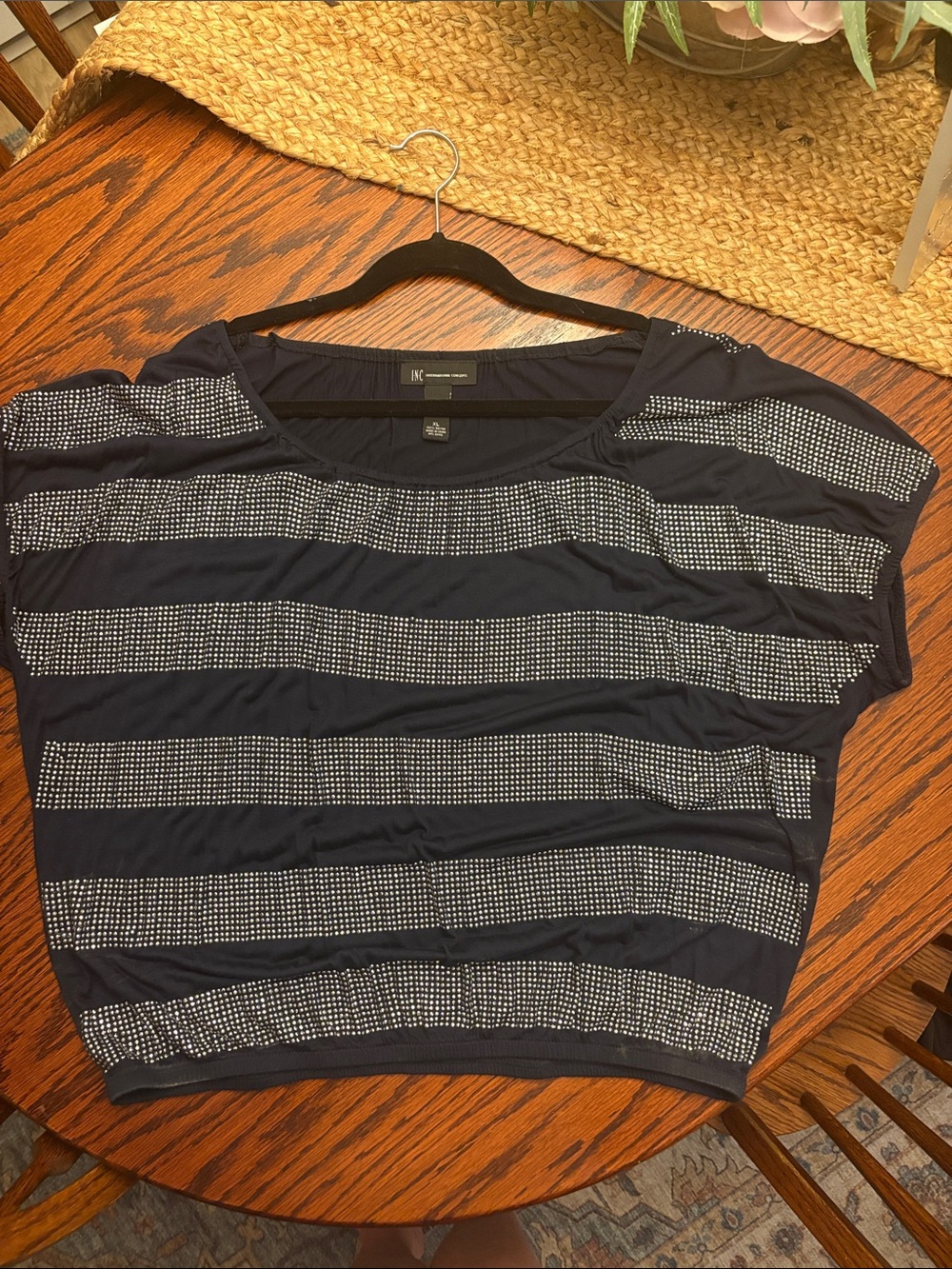 INC International Concepts Navy Short Sleeve Top with Metallic Stripe Detail